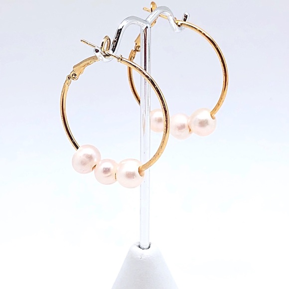 White Freshwater Pearl Gold Hoops 35mm, 1 1/4”, Ships in Gift Box, NWT - Picture 2 of 8
